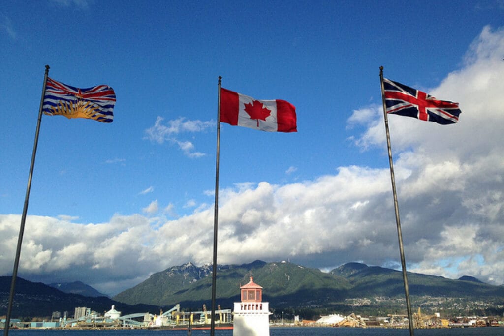 3 flags of England Canada and British Colombia