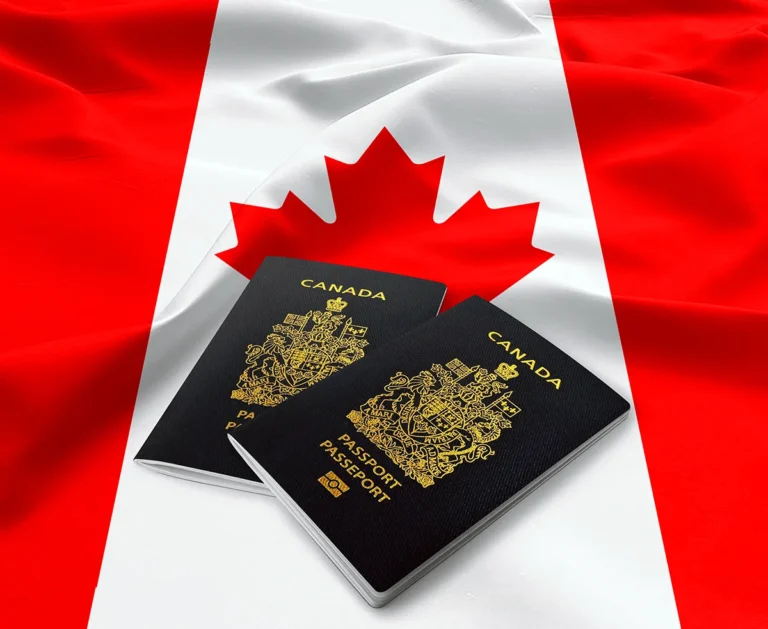 Canadian passports on the Canada flag