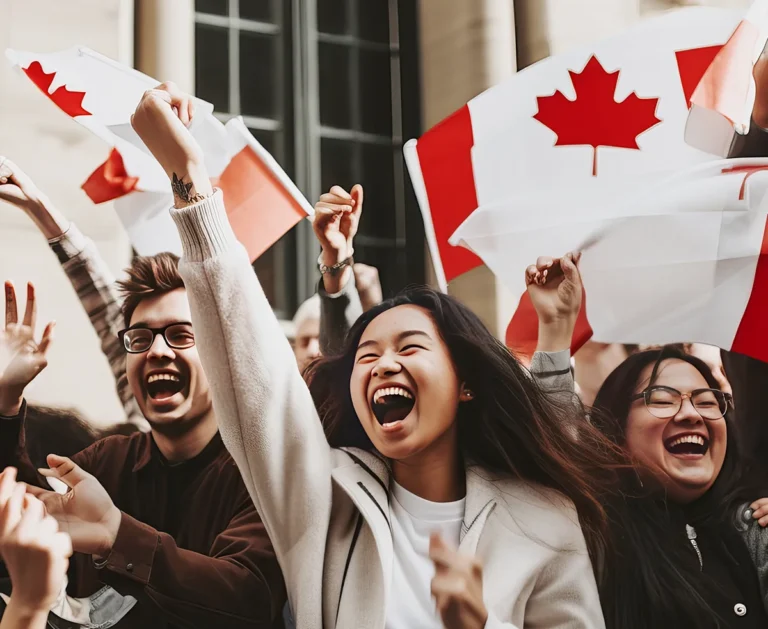 a group of people cheering with Canada flags